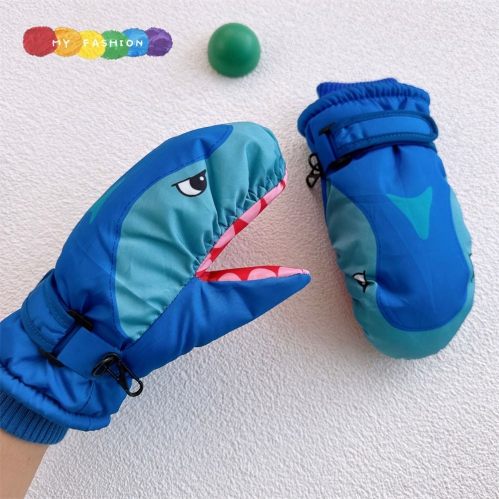 Outdoor Sport Gloves - Karikatür Çocuk Kayak Eldivenleri Köpekbalığı Desenli
